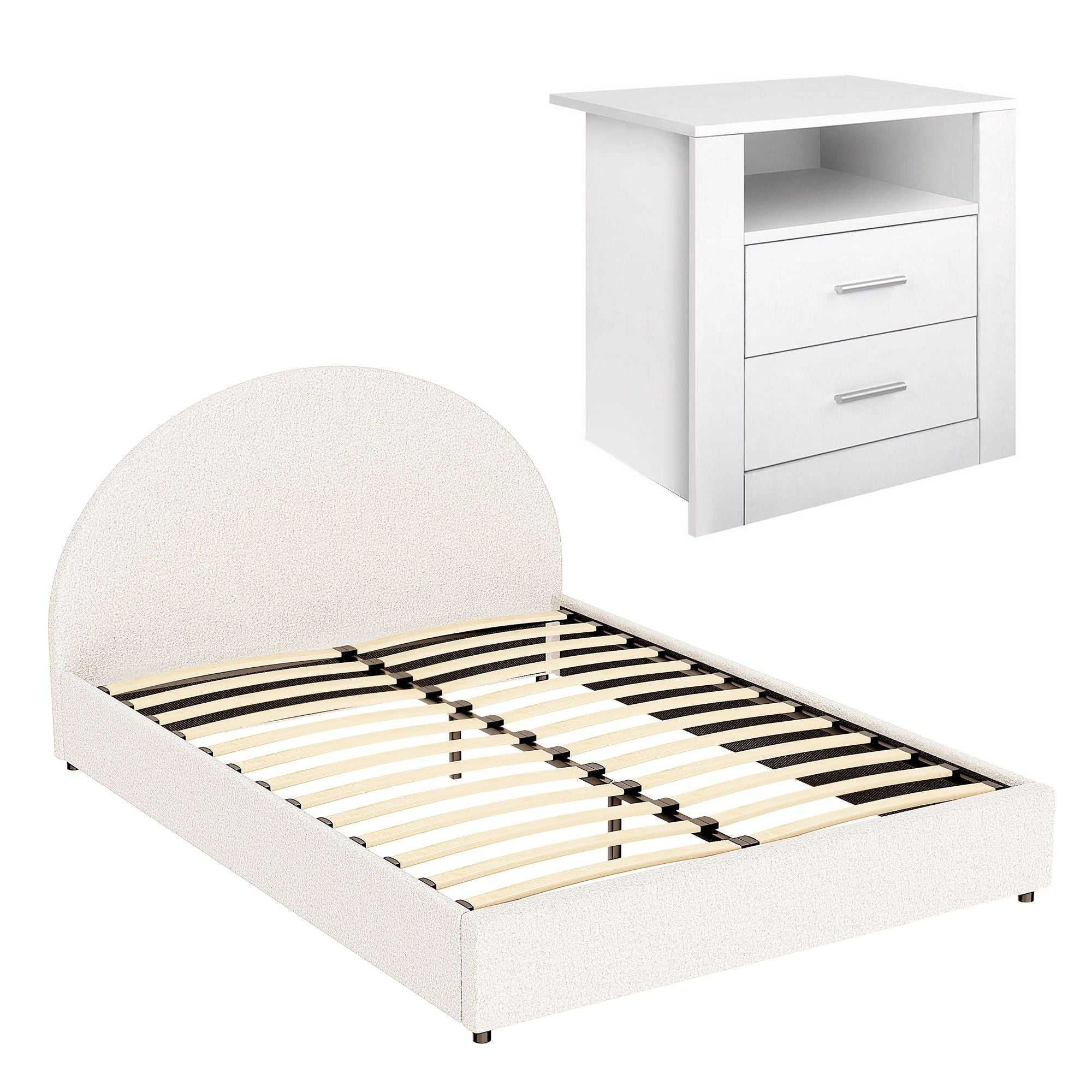 Artiss Queen Bed Frame with Storage and Bedside Table Set Boucle Fabric Gas Lift Bed Base 2-Drawer Nightstand