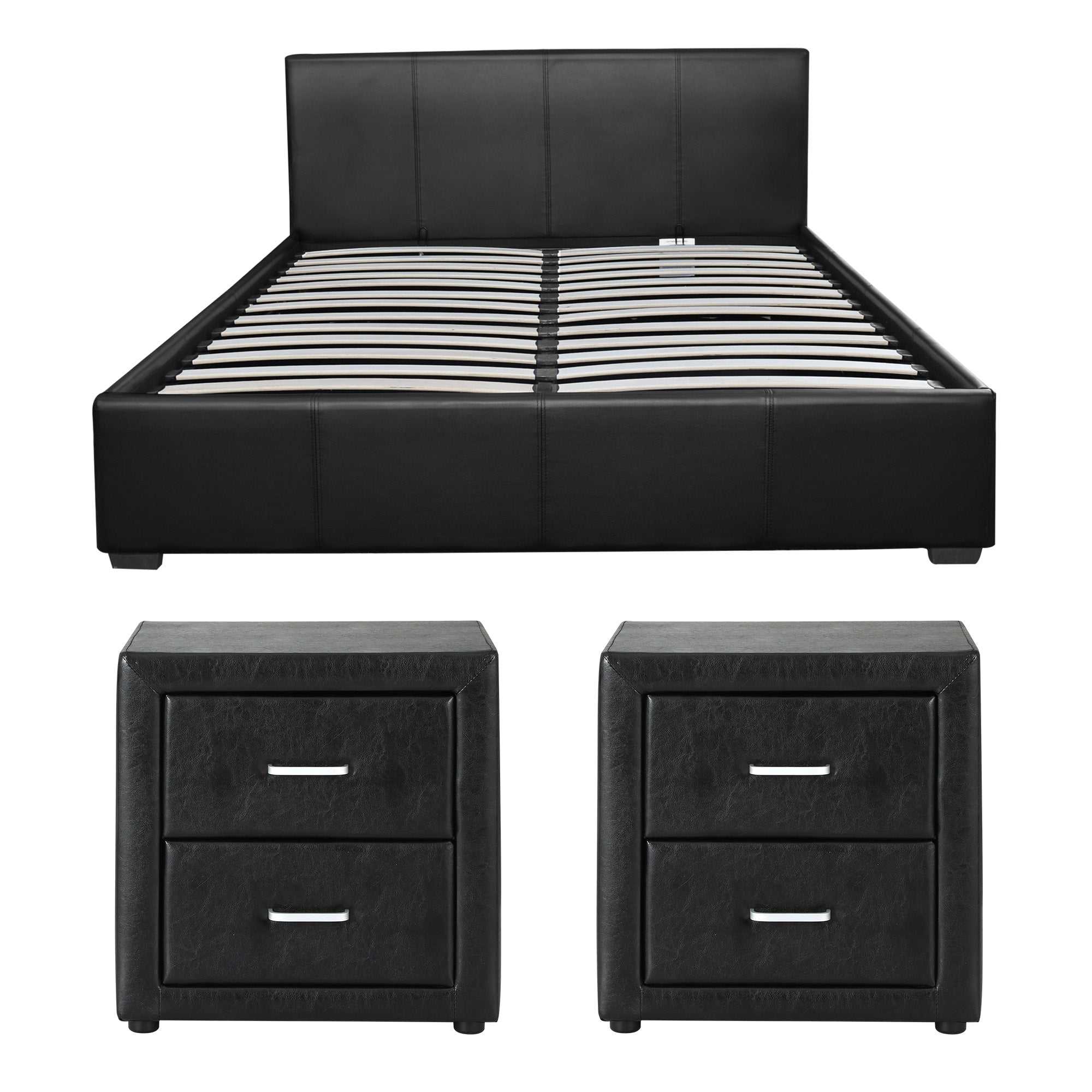 Artiss Gas Lift Queen Bed Frame and 2 Bedside Table Set Leather Black