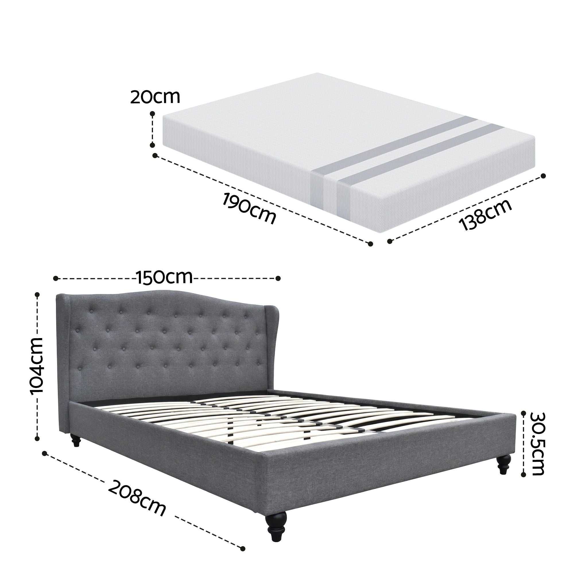Artiss and BedStory Double Bed Frame and Mattress Set Memory Foam Cooling Gel Medium Soft Tufted Wing Headboard Grey