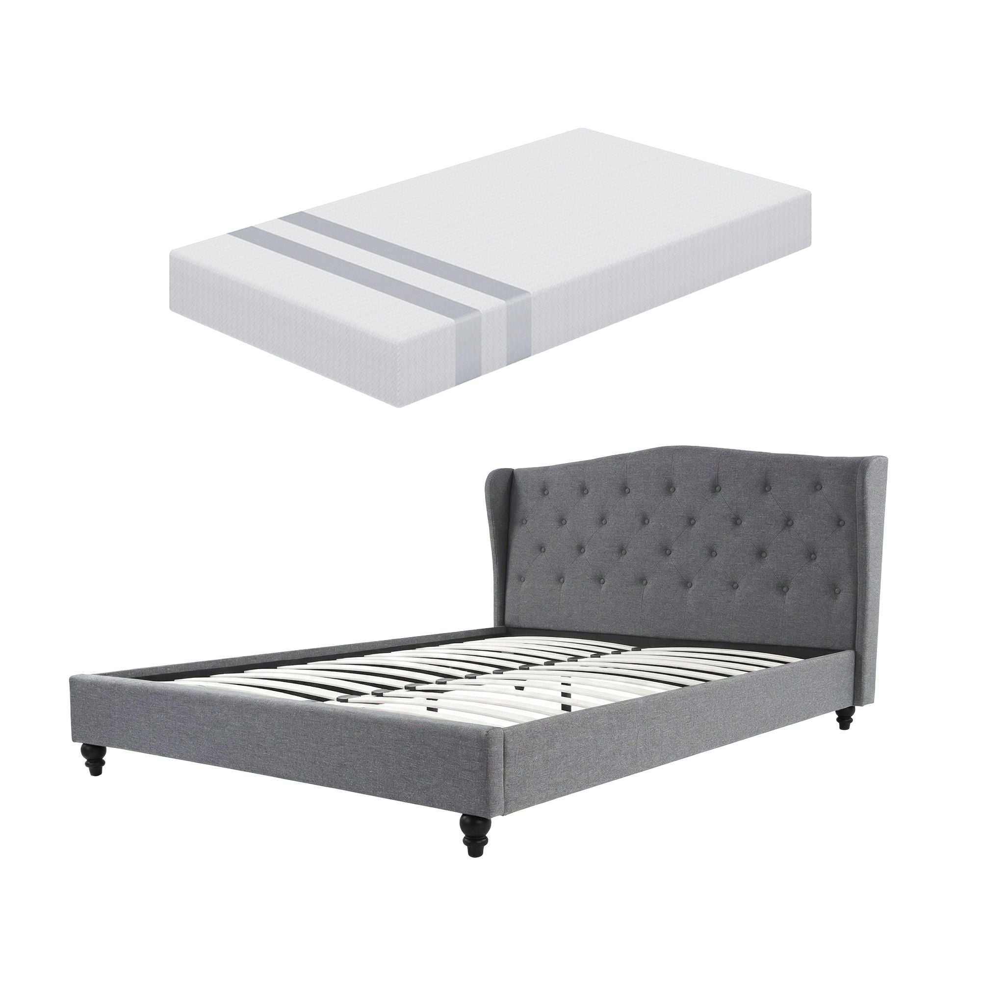 Artiss and BedStory Double Bed Frame and Mattress Set Memory Foam Cooling Gel Medium Soft Tufted Wing Headboard Grey