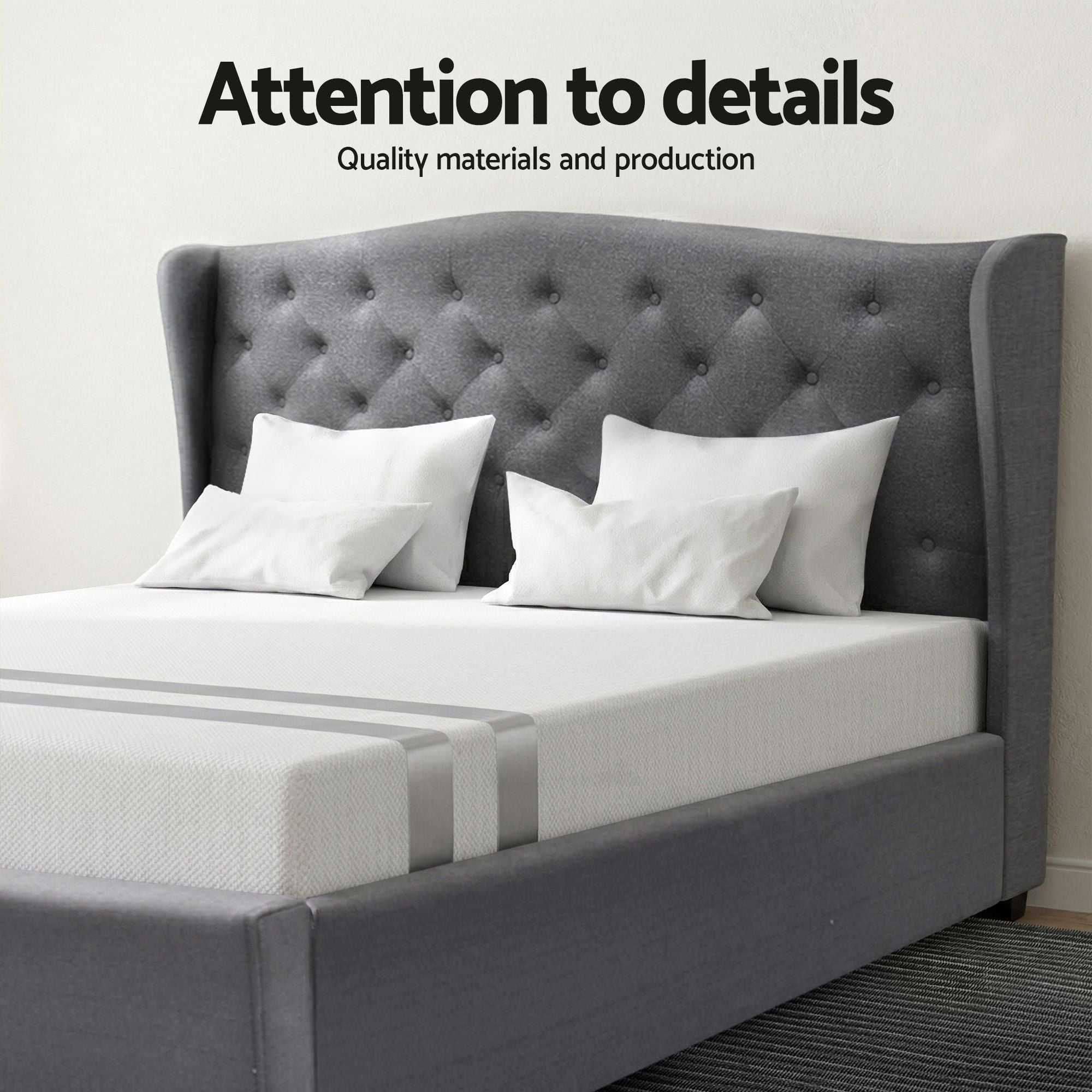 Artiss and BedStory Double Bed Frame and Mattress Set Memory Foam Cooling Gel Medium Soft Tufted Wing Headboard Grey