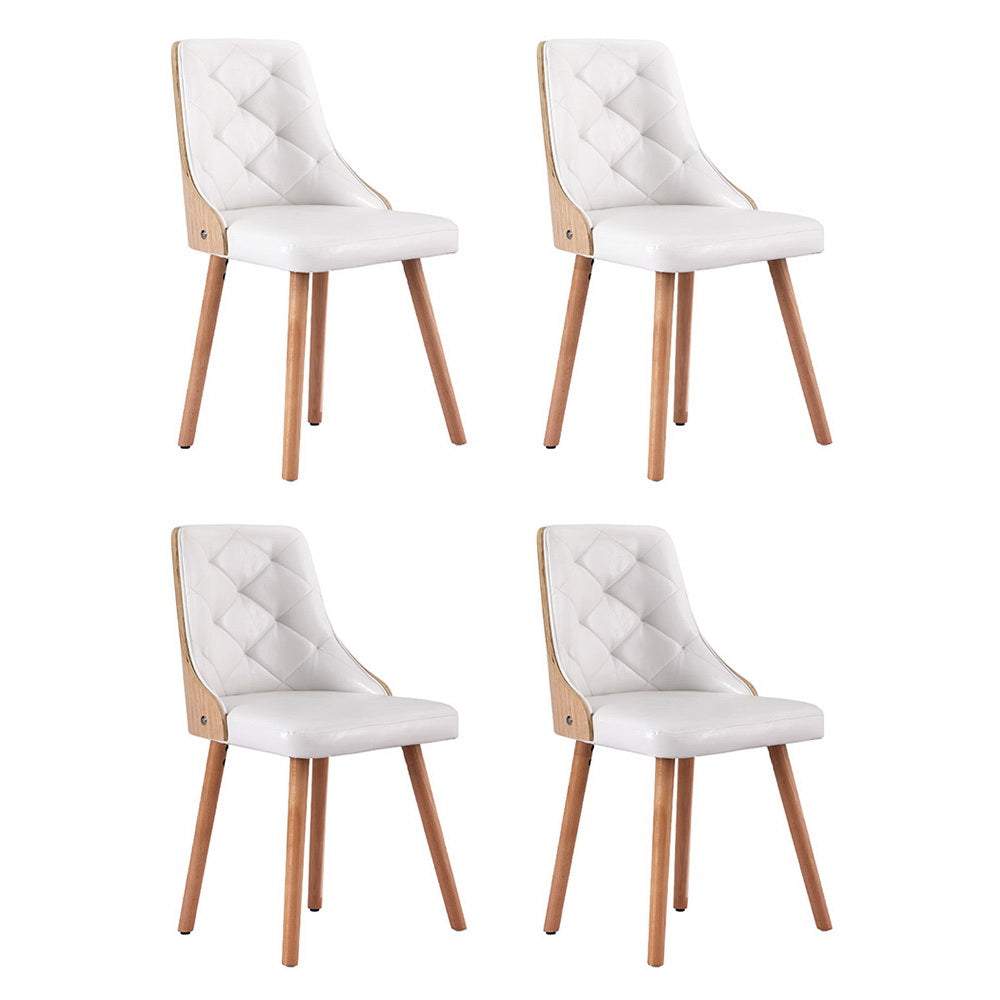 Set of four white Artiss dining chairs with PU leather and wooden legs.