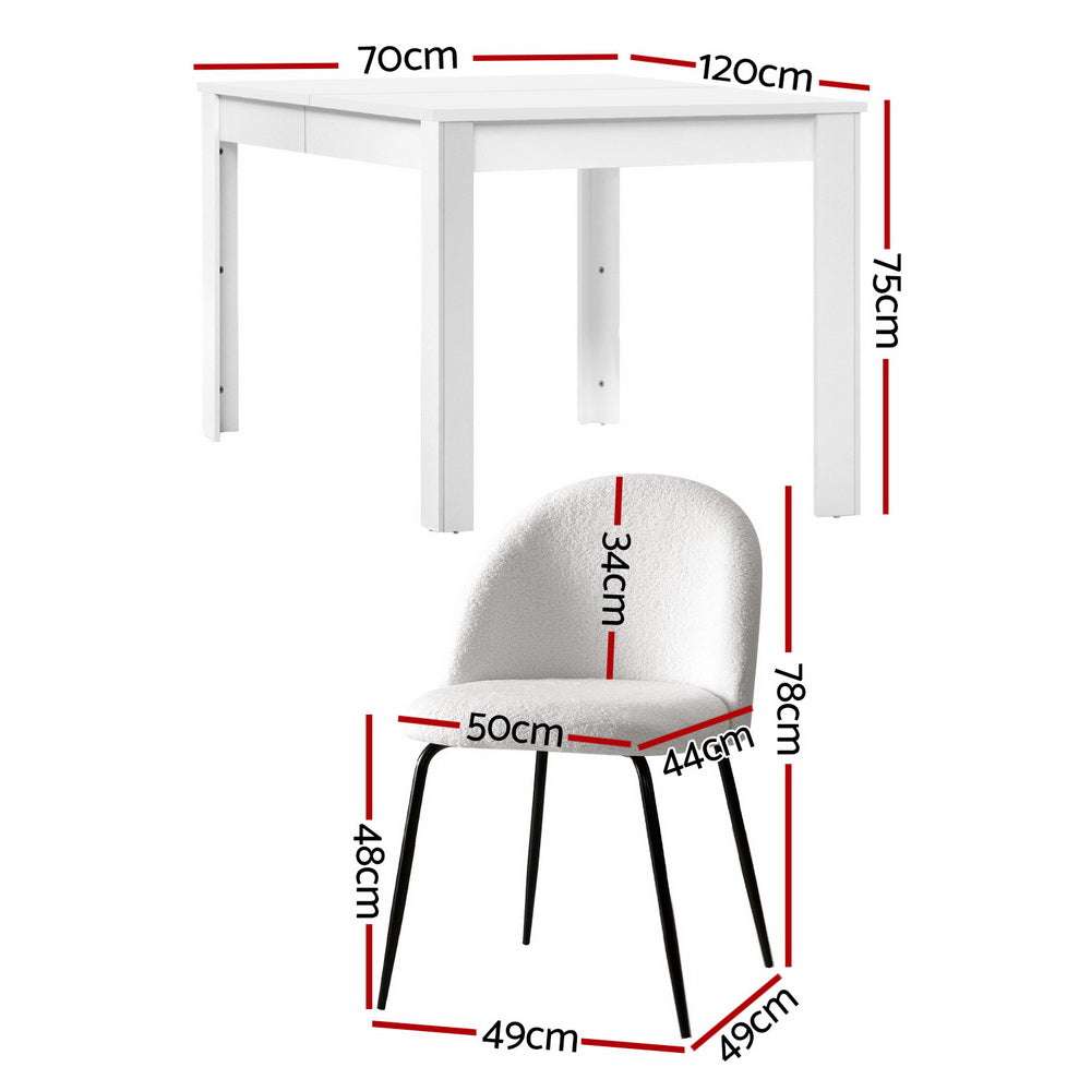Artiss Dining Table and 4 Chairs Set in White Sherpa with Dimensions