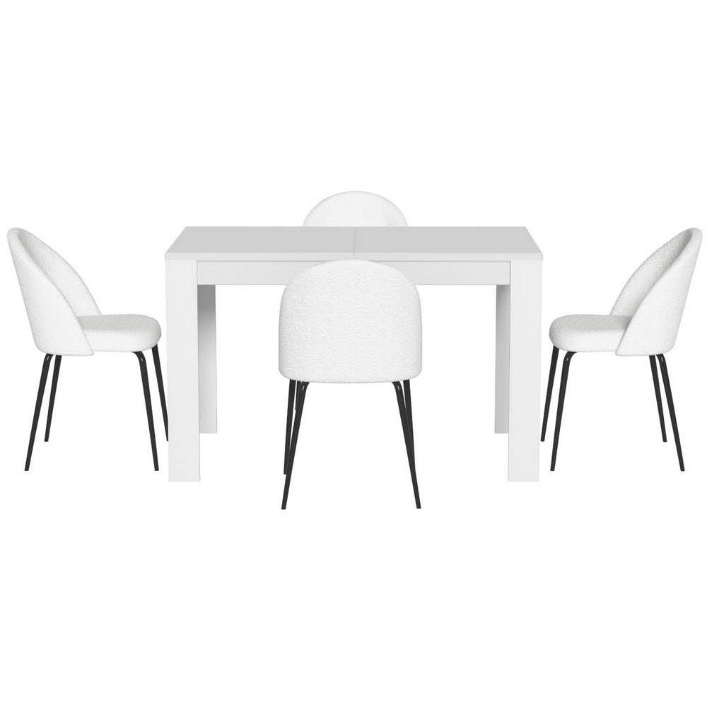 Artiss Dining Table and 4 White Sherpa Chairs Set with Steel Legs and Anti-Slip Base.