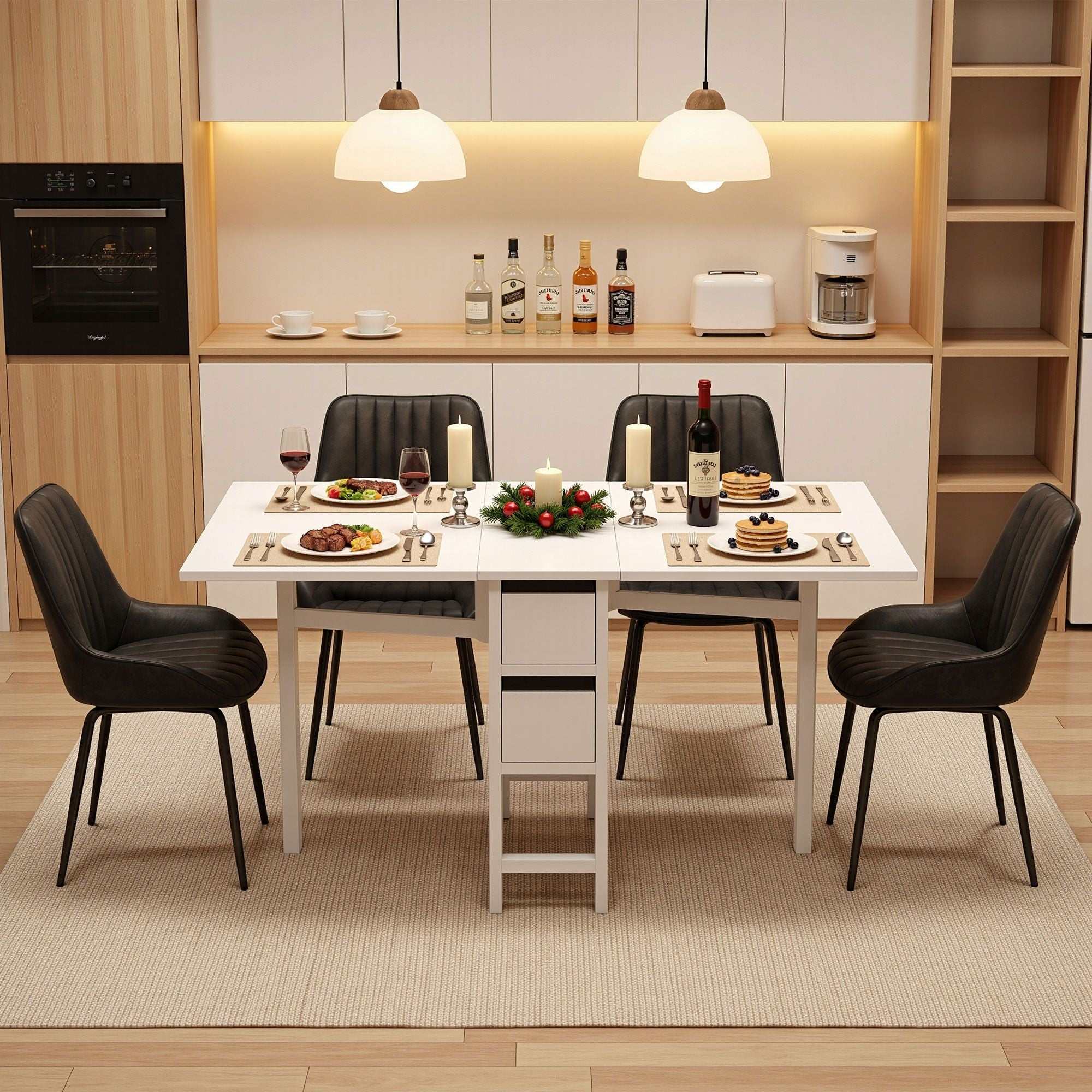 Artiss Dining Table and Chairs Set 5pcs Foldable Kitchen Furniture with 2 Drawers Black and White