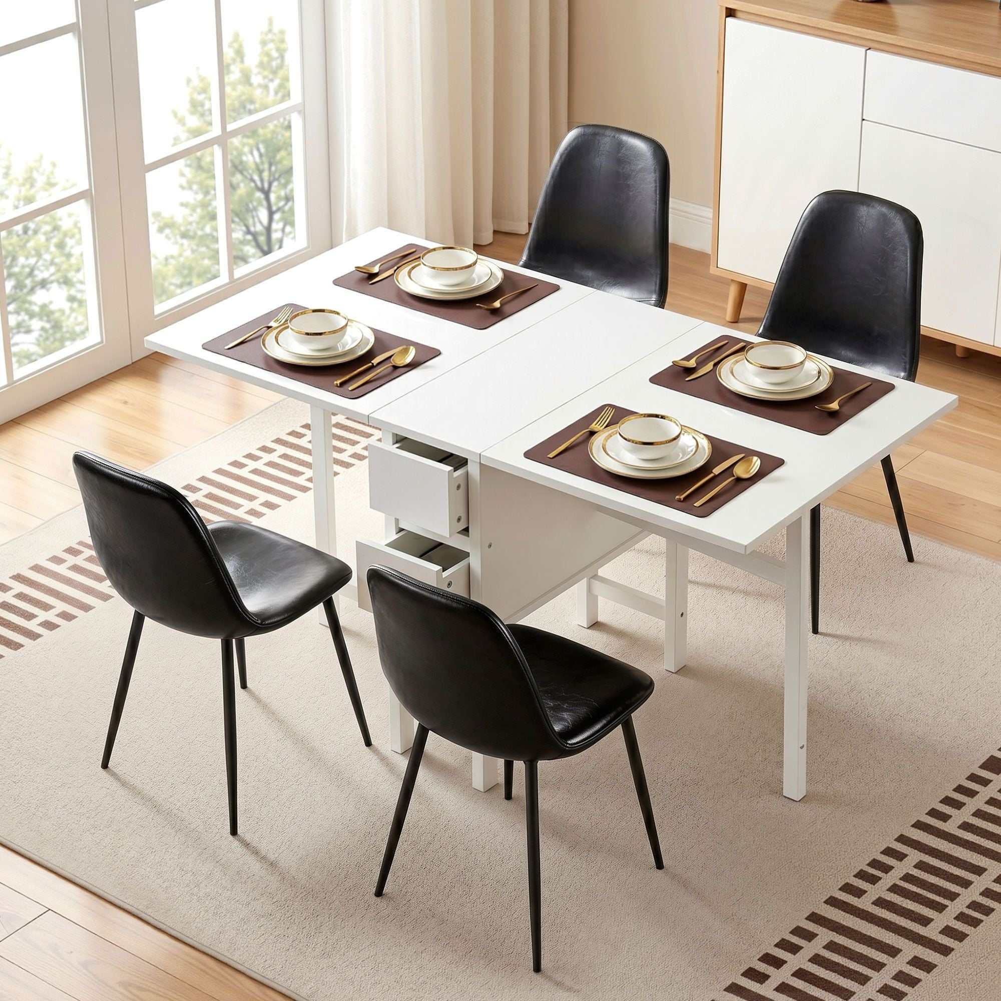 Artiss Dining Table and Chairs Set 5pcs Foldable with 2 Drawers Black and White