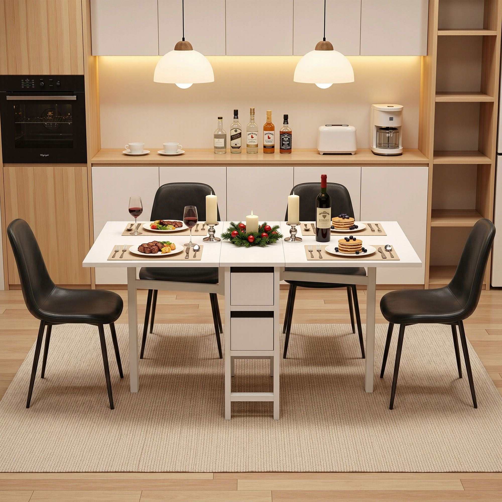 Artiss Dining Table and Chairs Set 5pcs Foldable with 2 Drawers Black and White