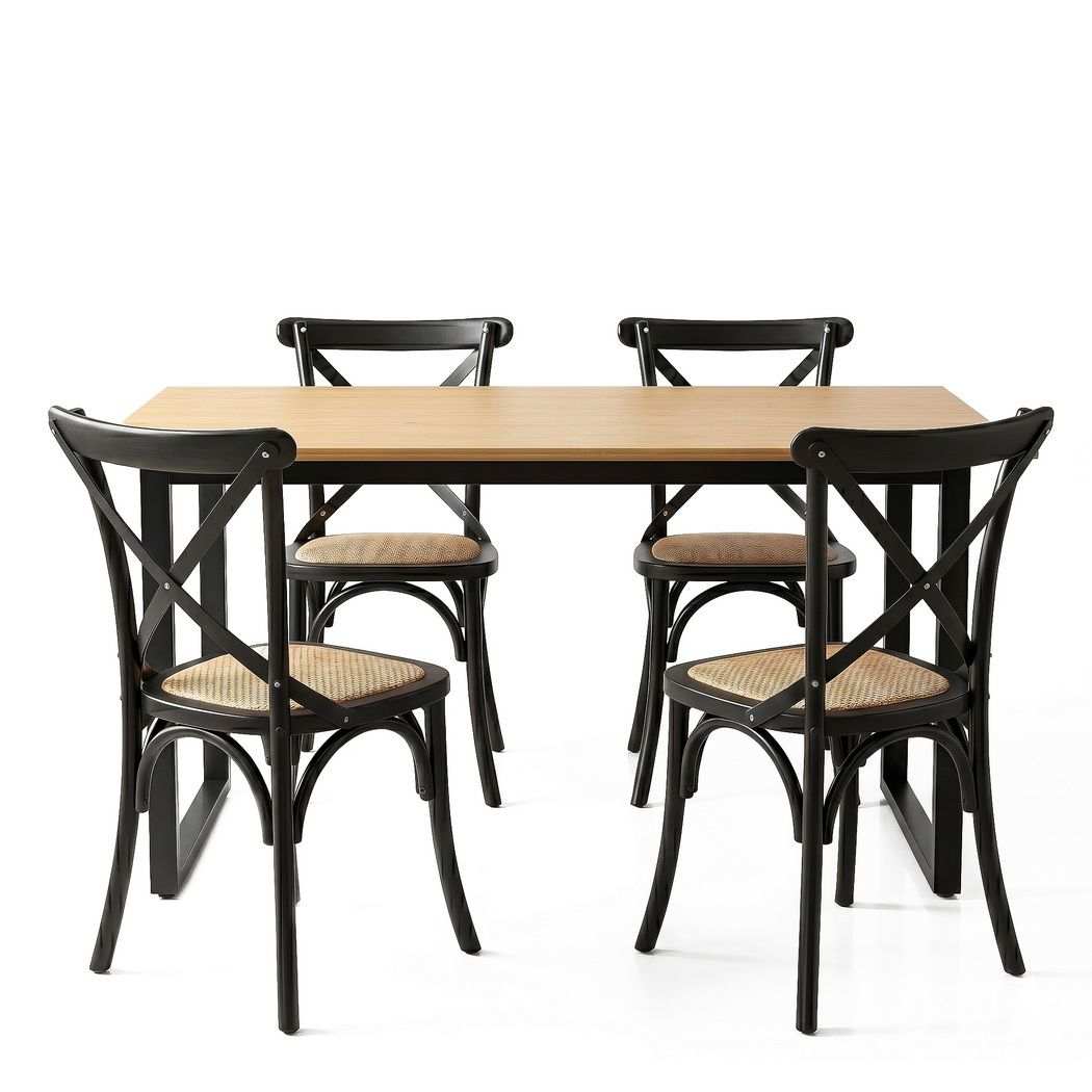 Artiss Dining Table and Chairs Set 5PCS Industrial 4 Black Rattan Chairs for Kitchen, Dining Room, Café