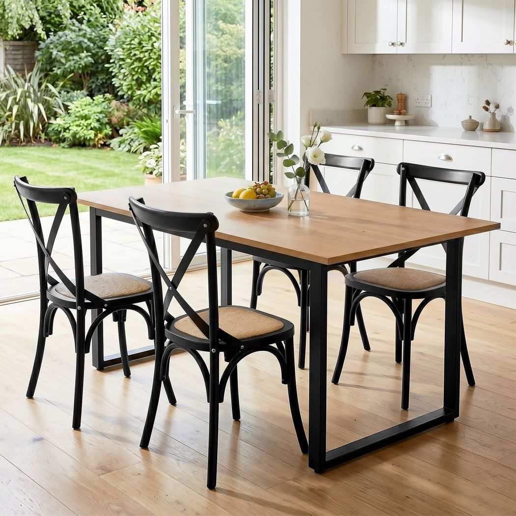 Artiss Dining Table and Chairs Set 5PCS Industrial 4 Black Rattan Chairs for Kitchen, Dining Room, Café