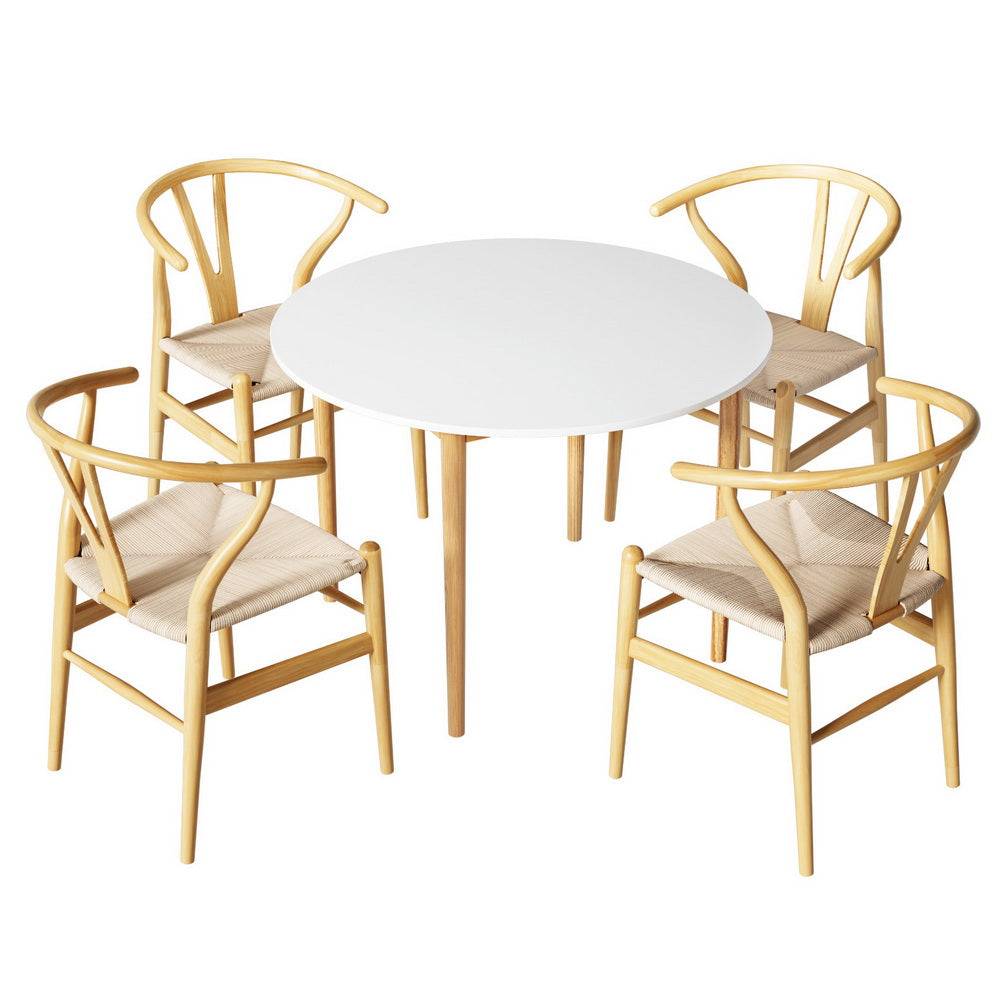 Artiss dining table with round white tabletop and pine wood chairs, Nordic elegance, seats 4.