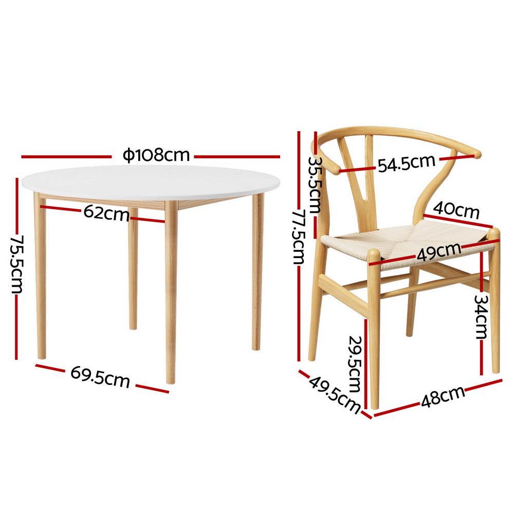 Artiss Dining Table and Wishbone Chairs Set, Nordic design, round tabletop, pine wood legs, rubber wood chair frame, comfortable for 4 to 6 people.