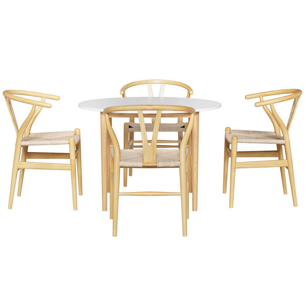 Artiss Dining Table and 4 Chairs Set with Nordic design, round white tabletop, pine wood legs, and natural rubber wood chairs.