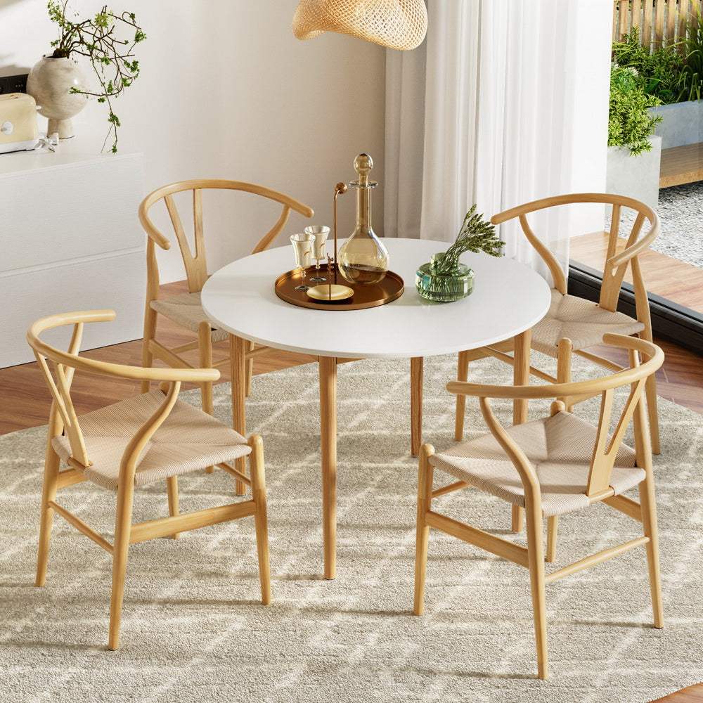 Artiss Dining Table and 4 Chairs Set with White Round Top and Natural Wood Finish