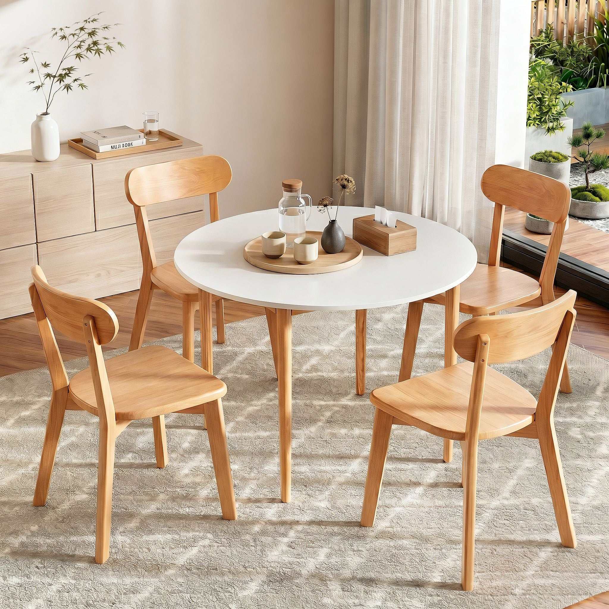 Artiss Round Dining Table and Chairs Set 5 PCS, 108cm Compact Kitchen Table Set with Solid Pine Wood Legs & 4 Ergonomic Rubber Wood Chairs,White Timber Dining Set for Small Space