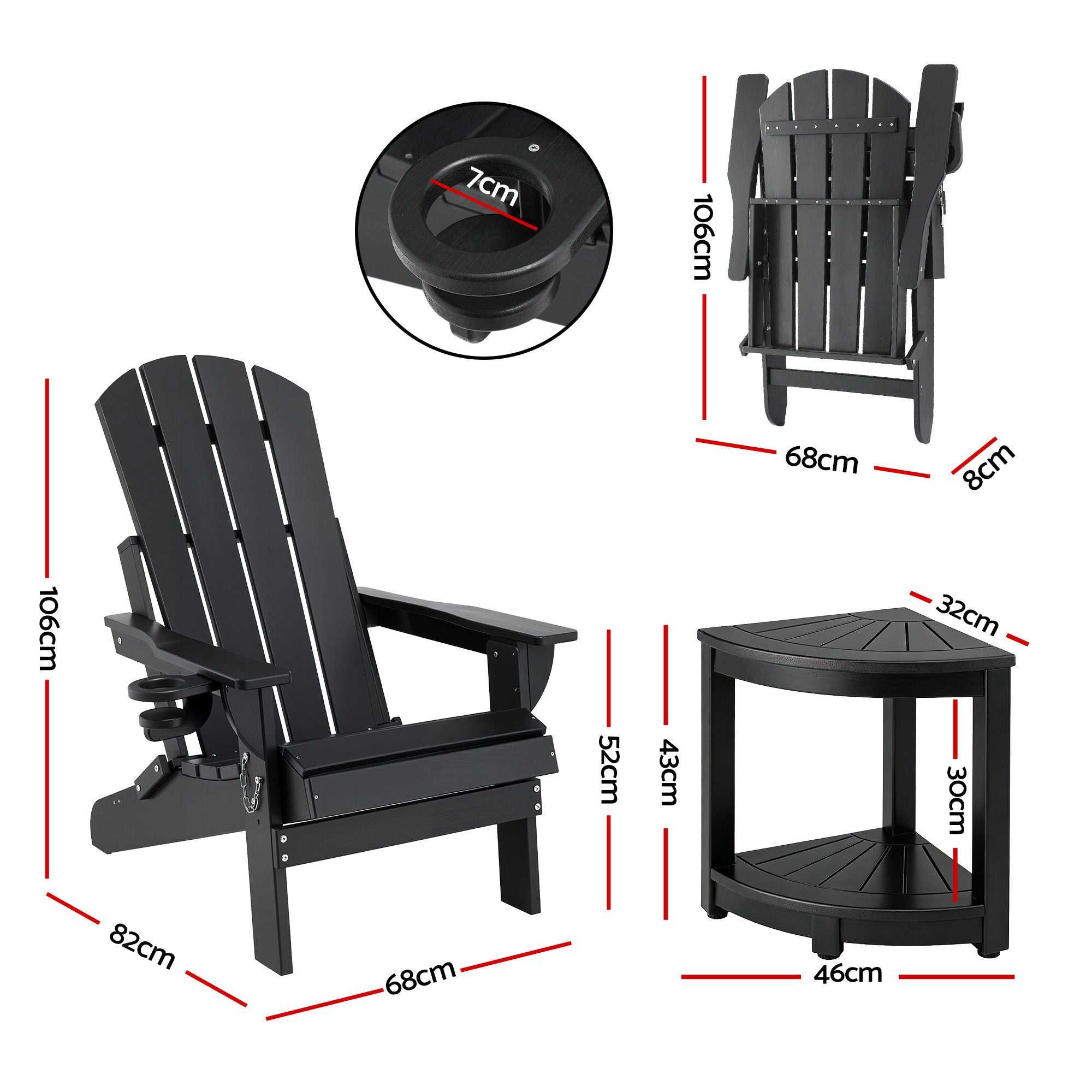 Gardeon Outdoor Table and Chairs HDPE Folding Adirondack Beach Chair Patio Furniture Black