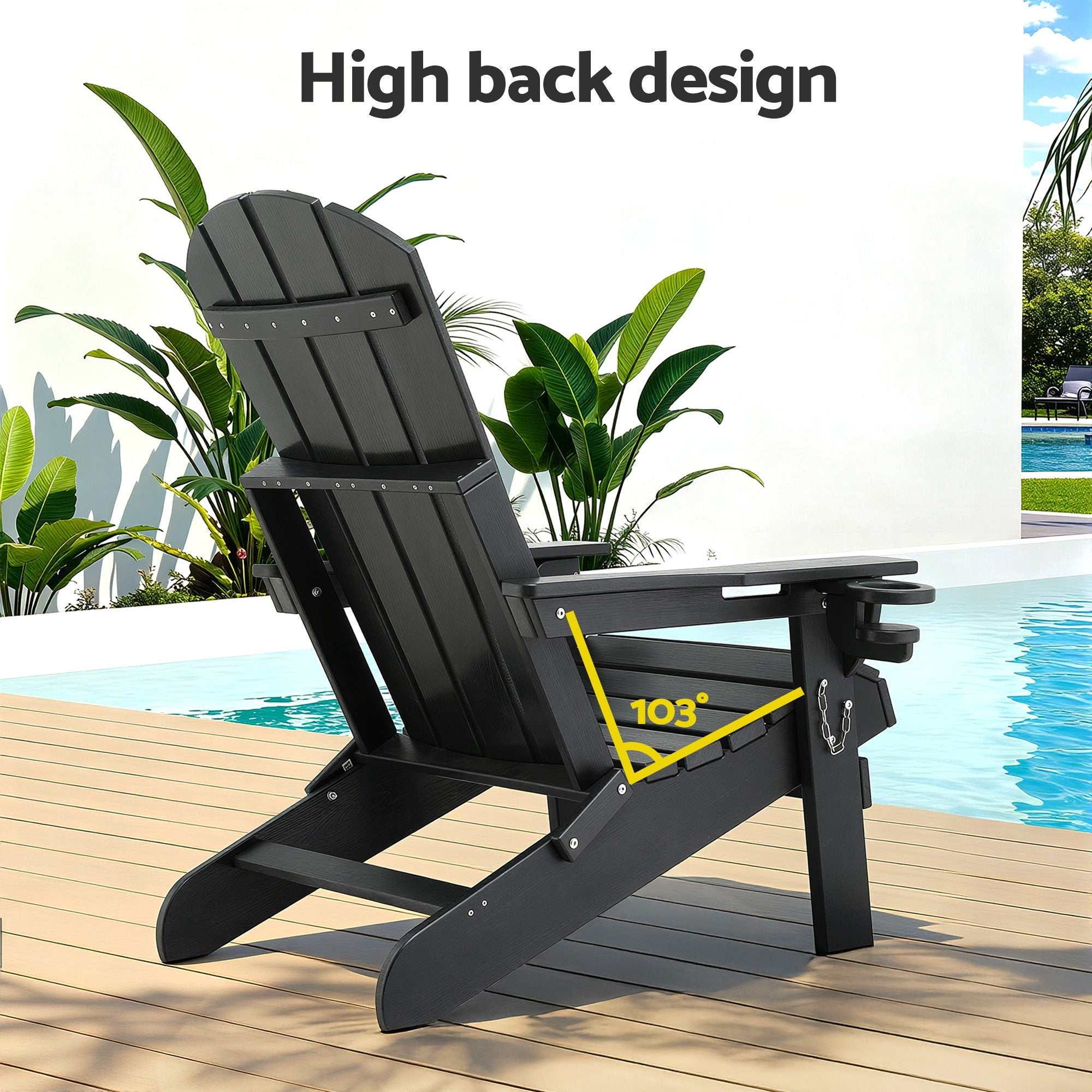 Gardeon Outdoor Table and Chairs HDPE Folding Adirondack Beach Chair Patio Furniture Black