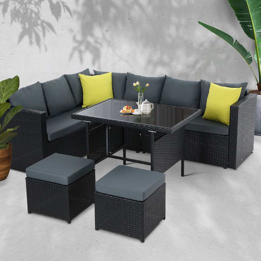Gardeon Outdoor Dining Set Aluminum Table Chairs Wicker Setting Black