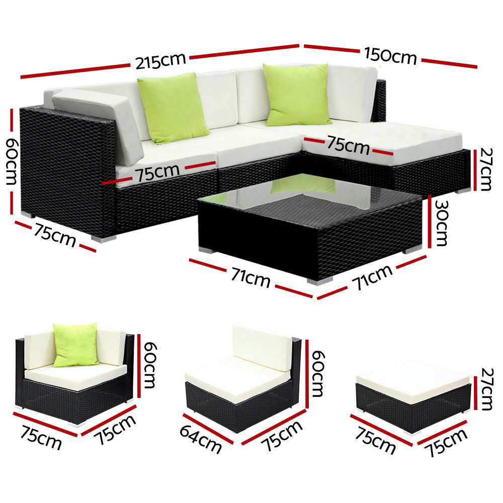 Gardeon 5-Piece Outdoor Sofa Set with Wicker Couch, Cushions, and Table.