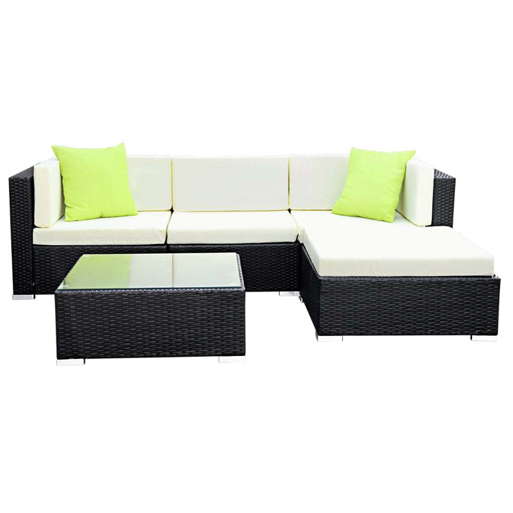 Gardeon 5-Piece Outdoor Sofa Set with black wicker and beige cushions, featuring lime green throw pillows and a tempered glass table top.
