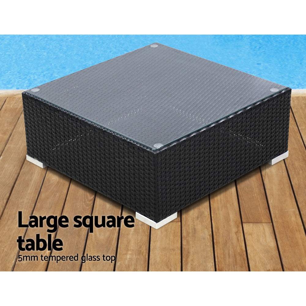 Gardeon 5-Piece Outdoor Sofa Set with wicker table and 5mm tempered glass top.