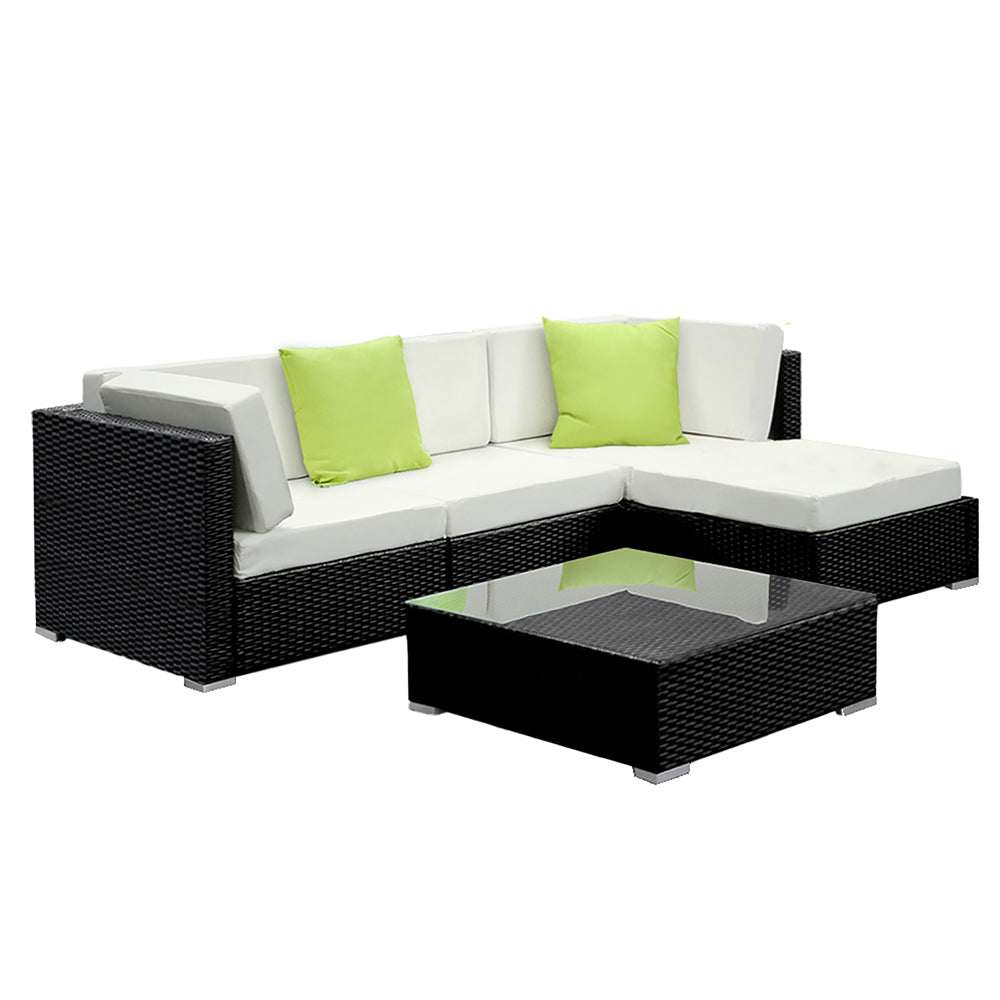 Gardeon 5-Piece Outdoor Sofa Set with wicker design, tempered glass table, and lime green cushions.