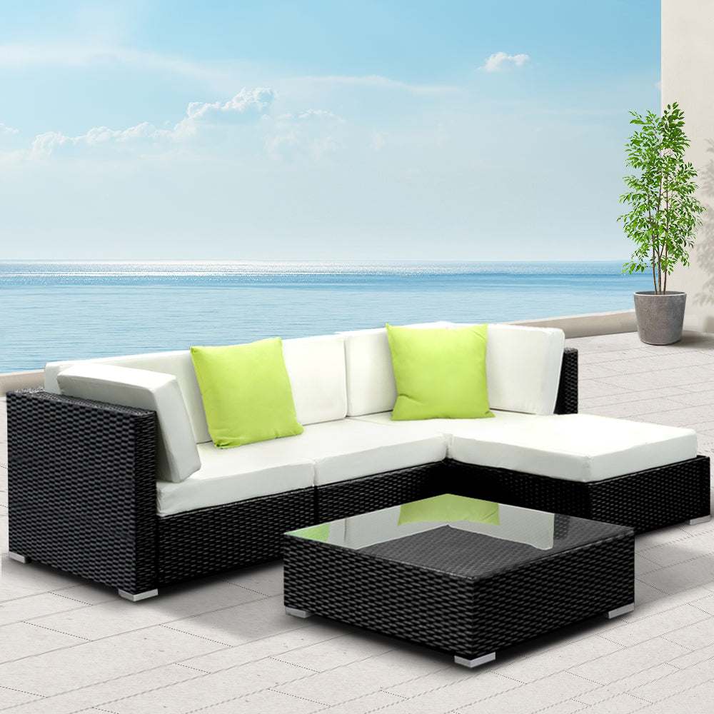 Gardeon Outdoor Furniture Set, 5-piece wicker sofa, black and beige, lime green cushions, tempered glass table, patio setting.