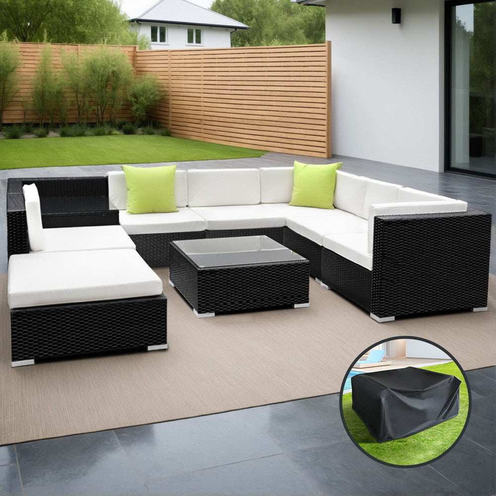Gardeon 9-Piece Outdoor Sofa Set with black aluminum frame and beige cushions on patio.