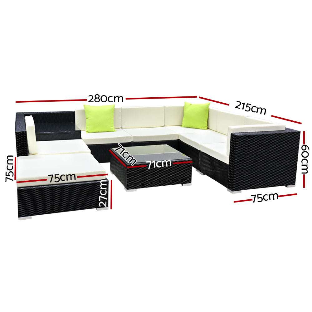 Gardeon 9-Piece Outdoor Sofa Set with Wicker Couch and Lounge Setting Cover, black aluminum frame, beige cushions, lime green throw pillows, and tempered glass tables.