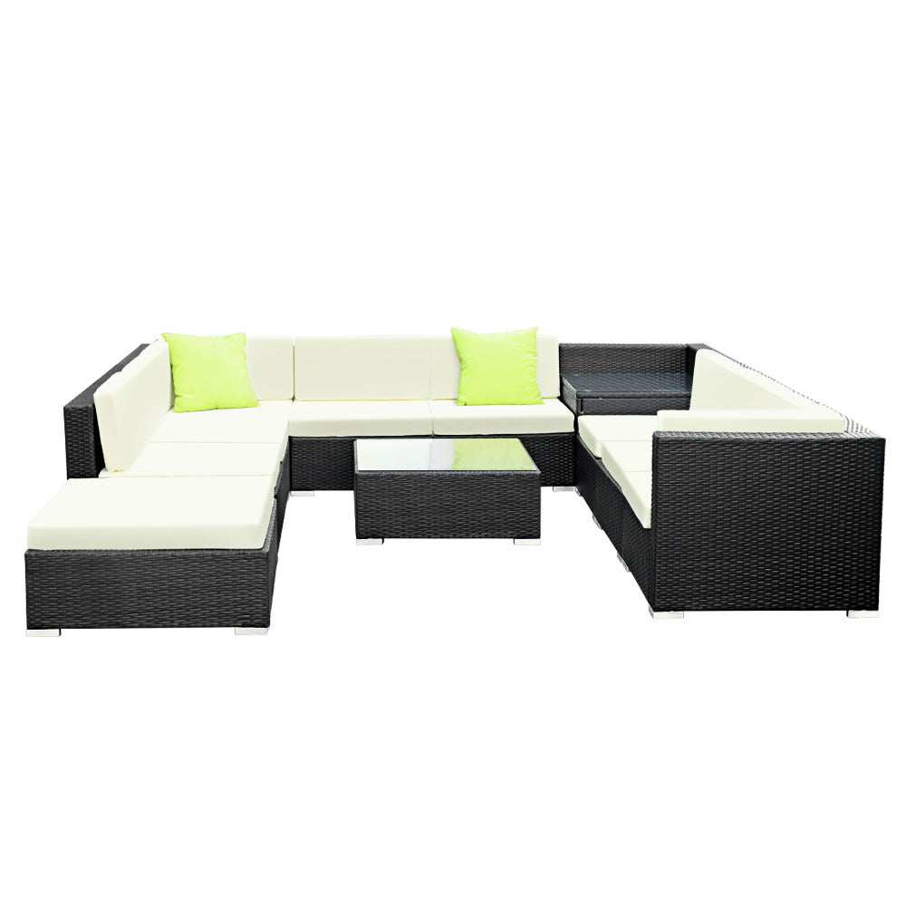 Gardeon 9-Piece Outdoor Sofa Set with UV-resistant wicker, aluminum frame, and beige cushions.