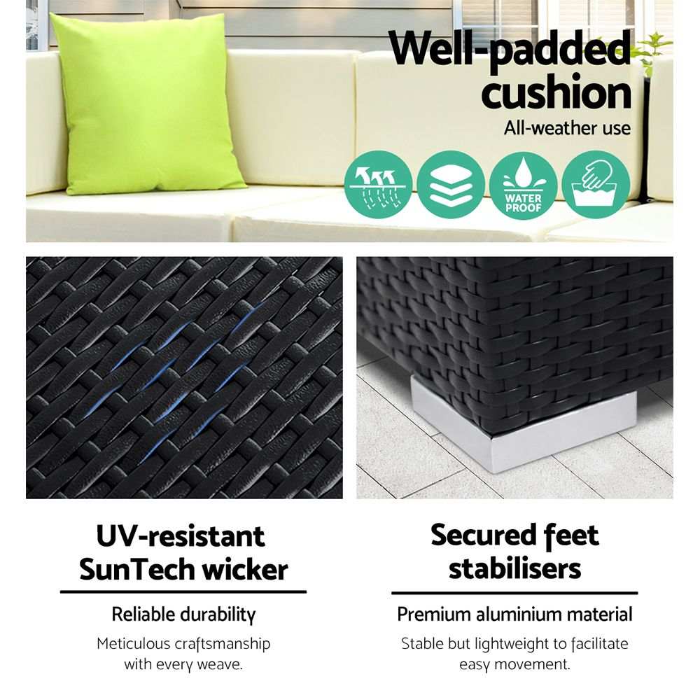 Gardeon 9-Piece Outdoor Sofa Set with UV-resistant wicker and water-resistant cushions.