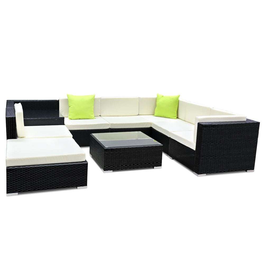 Gardeon 9-Piece Outdoor Sofa Set with black wicker and beige cushions, featuring lime green throw pillows and tempered glass table.