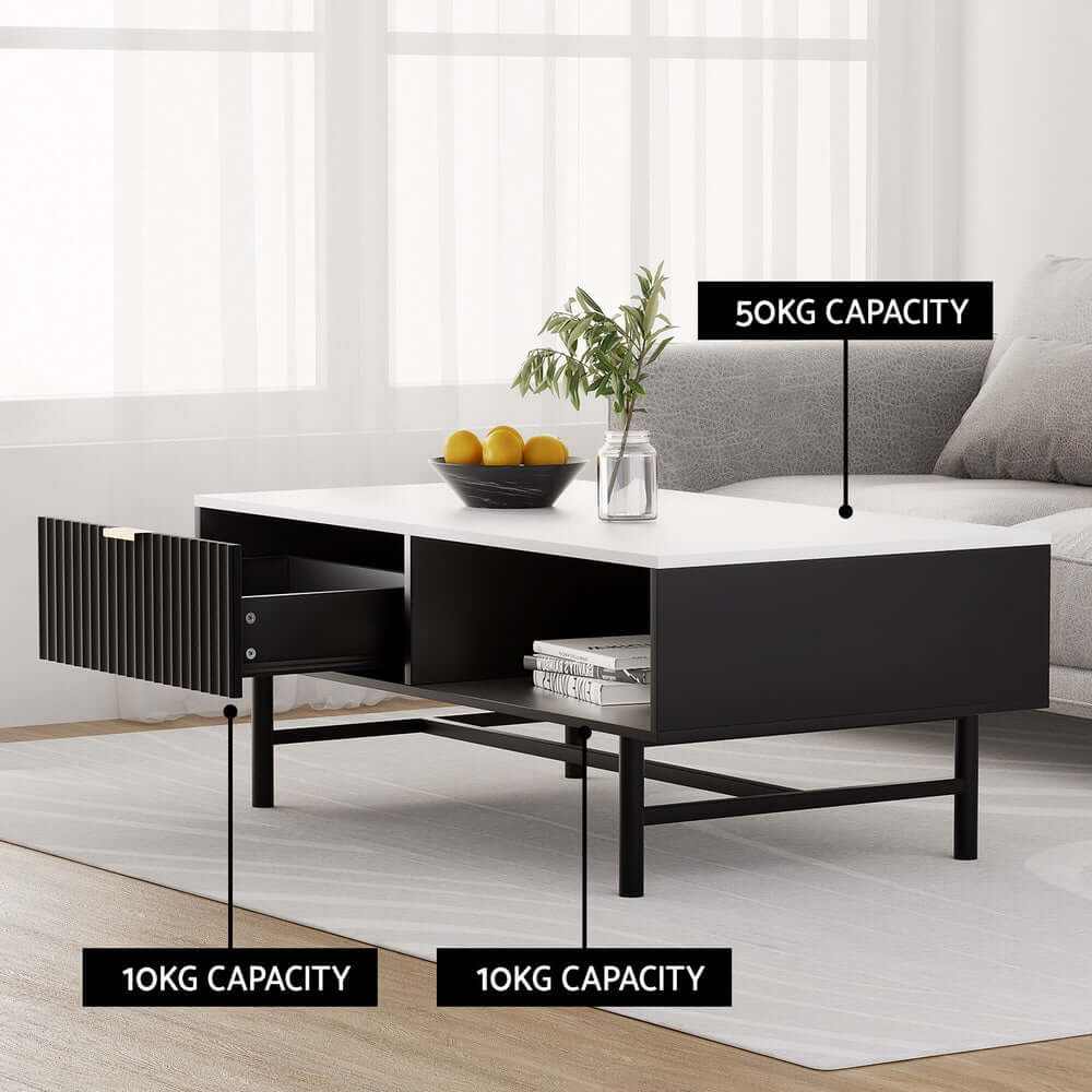 Texas Black Coffee Table With Drawer And Storage Shelf