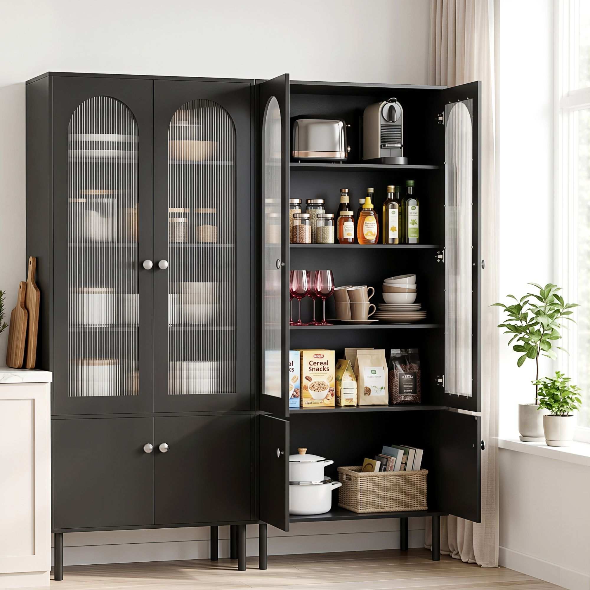 Artiss 2x Buffet Sideboard Cabinet Pantry 5-Tier Storage Cupboard Fluted Black