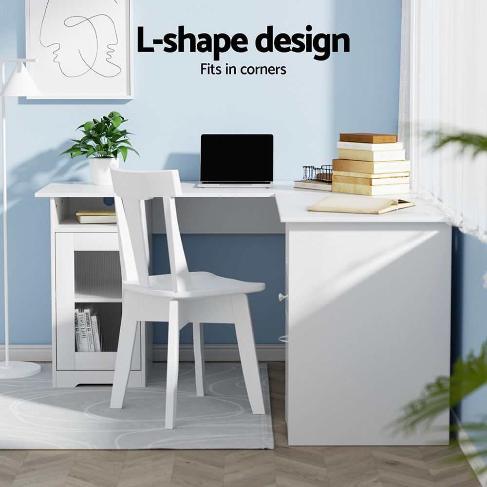 Artiss Office Desk and Chair Set L Shape Computer Desk 150cm with Storage Cabinet & Drawers, Ergonomic PU Leather Office Chair, White Home Office Furniture