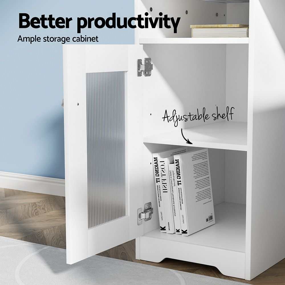 Artiss Office Desk and Chair Set L Shape Computer Desk 150cm with Storage Cabinet & Drawers, Ergonomic PU Leather Office Chair, White Home Office Furniture