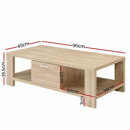 Artiss Coffee Table 1 Drawer Light Oak - Maxi Series