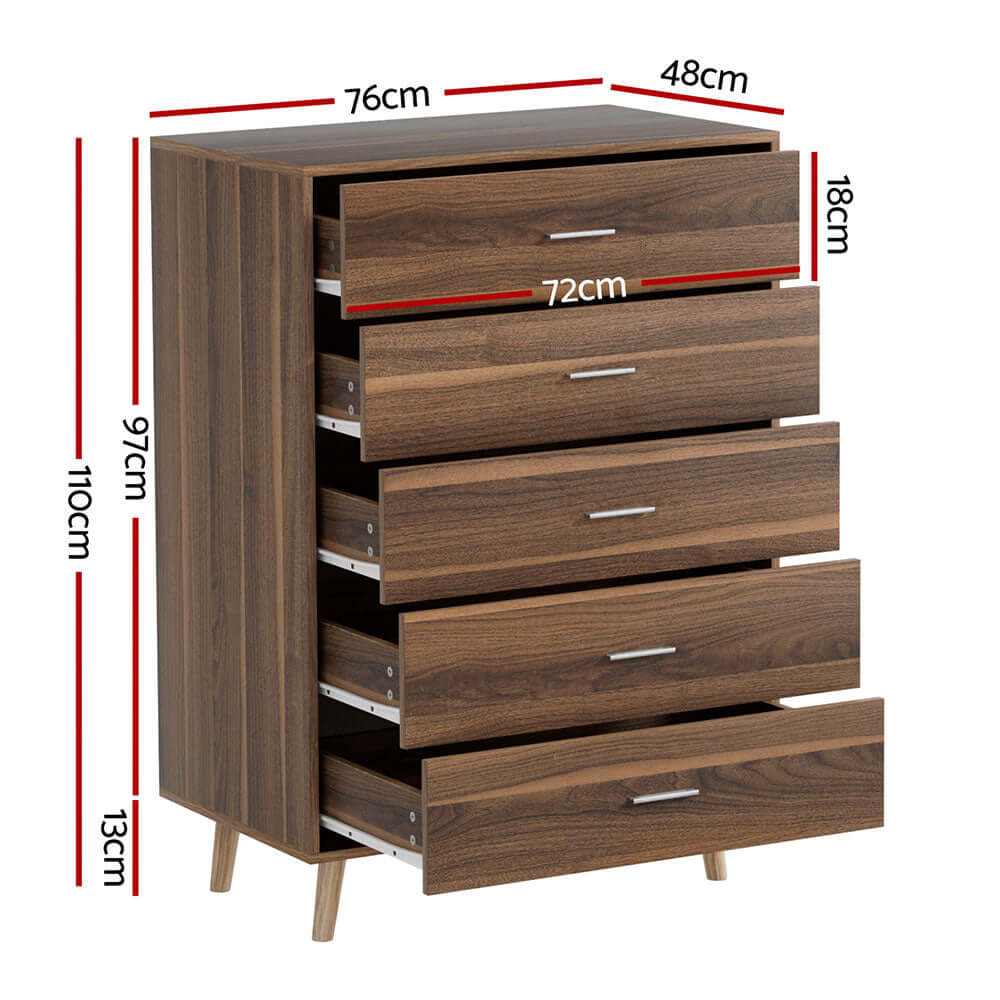 MIRI Walnut Drawer Chest 5 Drawers