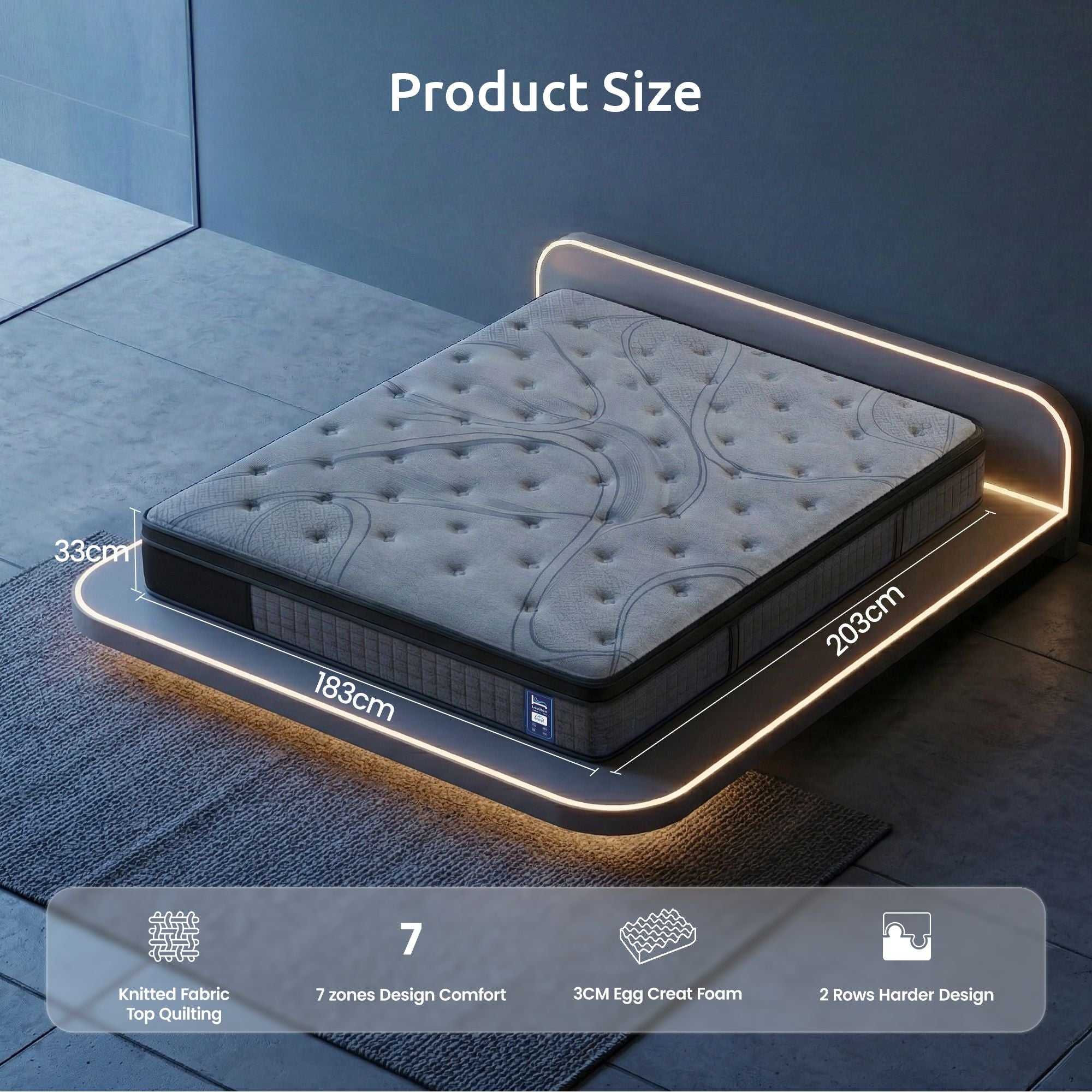 Levitex king Mattress 33 cm 7-Zone Pocket Spring 8.0 Extra Firm with Dual-Row Edge Support & Breathable Knit Cover