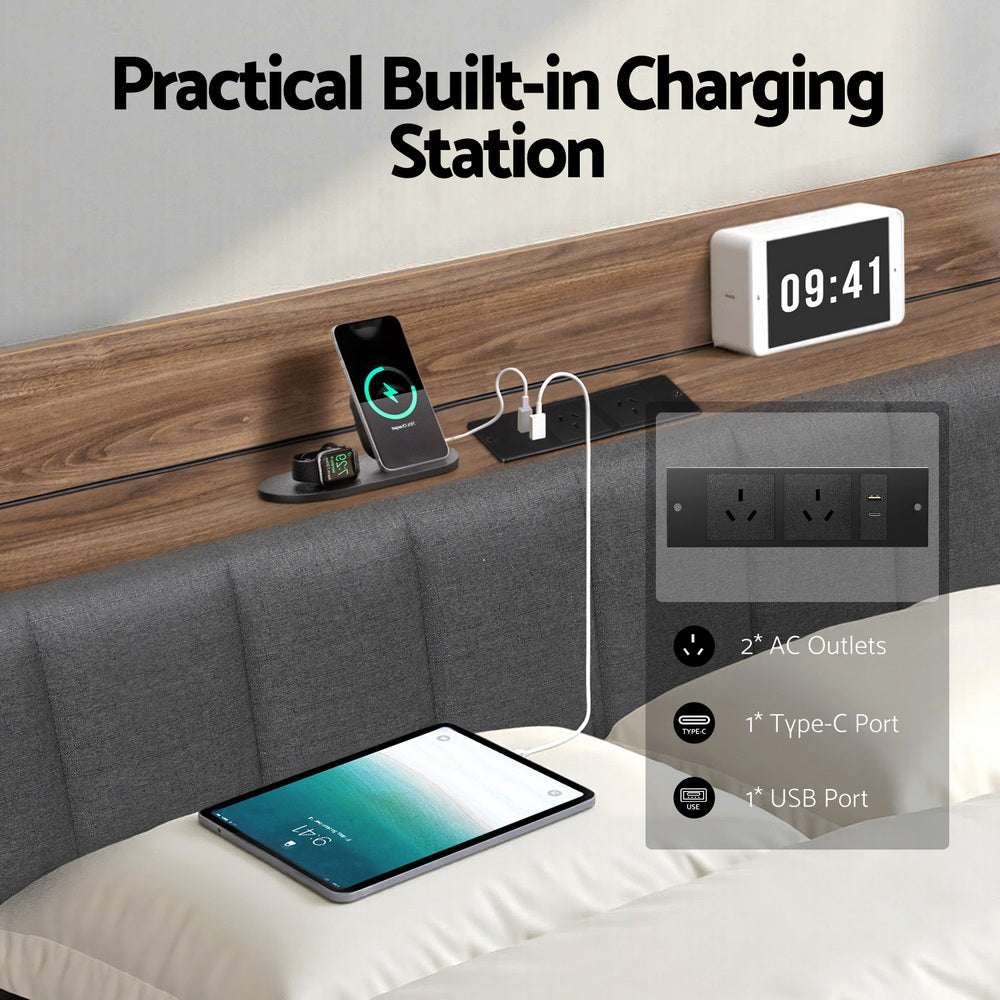 Artiss Metal Bed Frame King Size with 2-Tier Hidden Storage with Charging Station