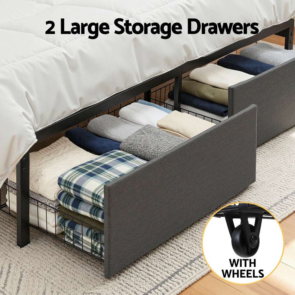 Artiss Metal Bed Frame King Size with 2-Tier Hidden Storage with Charging Station