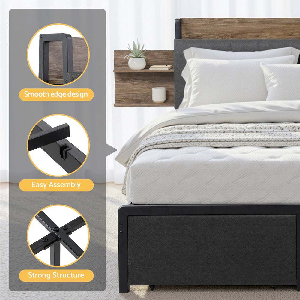 Artiss Metal Bed Frame King Size with 2-Tier Hidden Storage with Charging Station