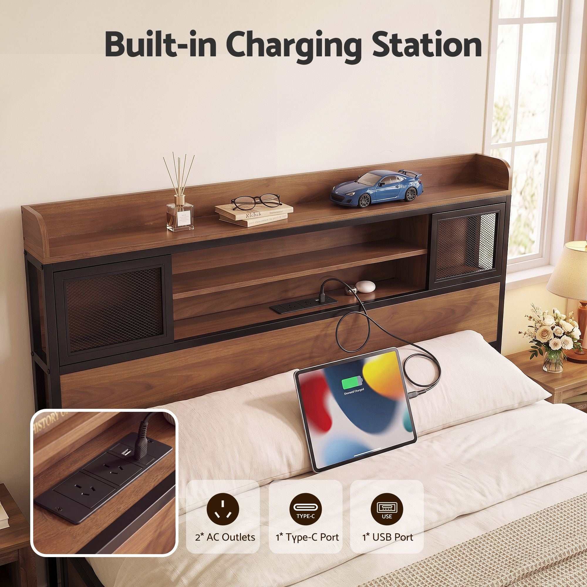 Artiss Queen Bed Frame with Charging Station 4 Drawers Storage Oak