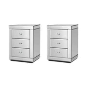 PRESIA Set of 2 Bedside Table 3 Drawers Mirrored Glass - Silver
