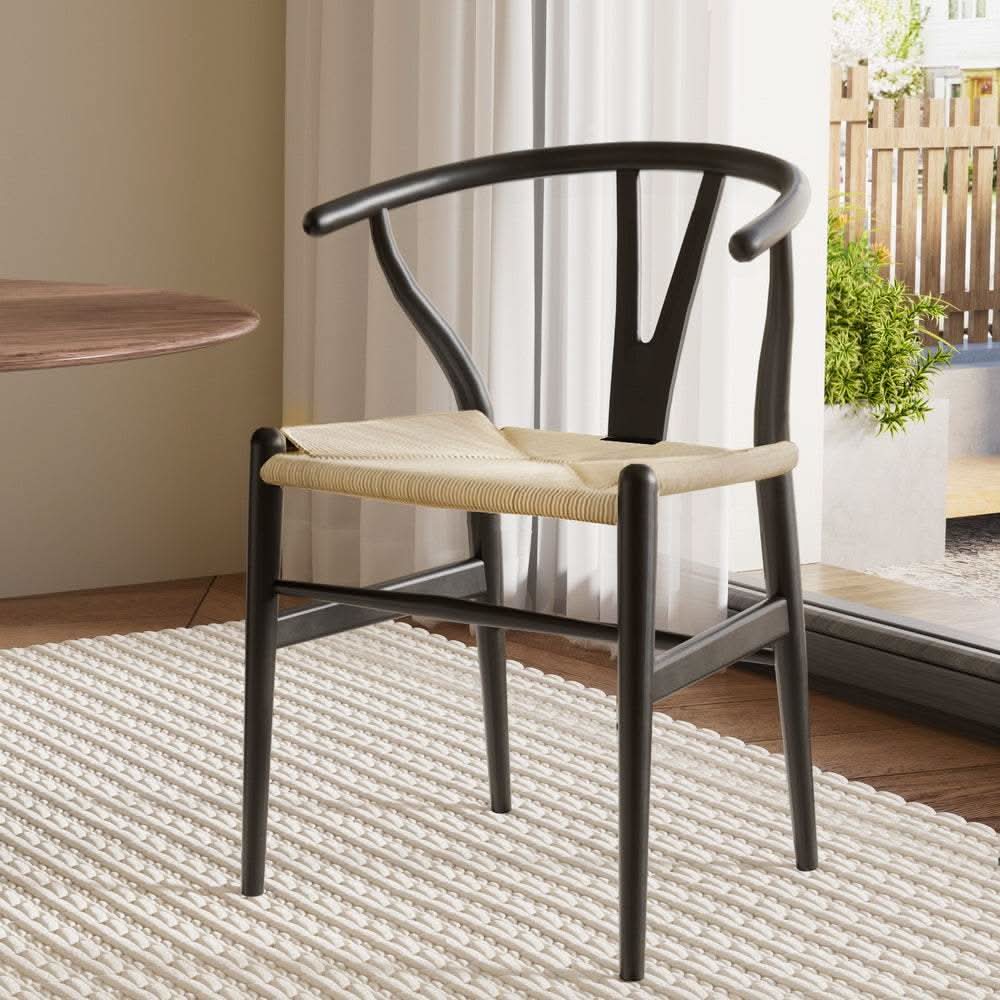 1x Artiss Dining Chair Wooden Rattan Wishbone BlackUpinteriors