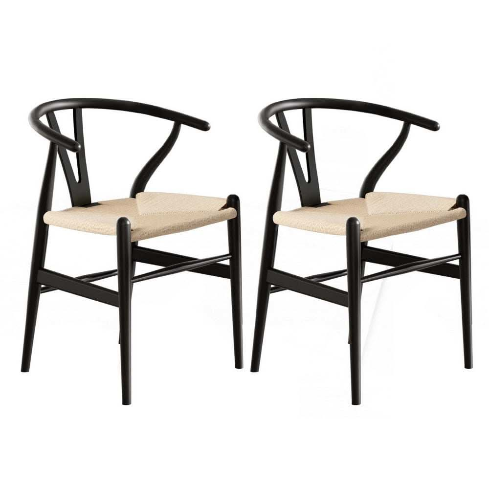 1 Set of 2 Artiss Dining Chairs Wooden Rattan Wishbone Black