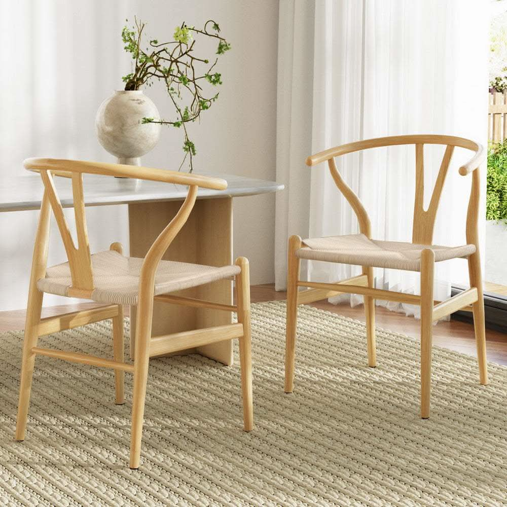 1 Set of 2 Artiss Dining Chairs Wooden Rattan Seat Wishbone Back