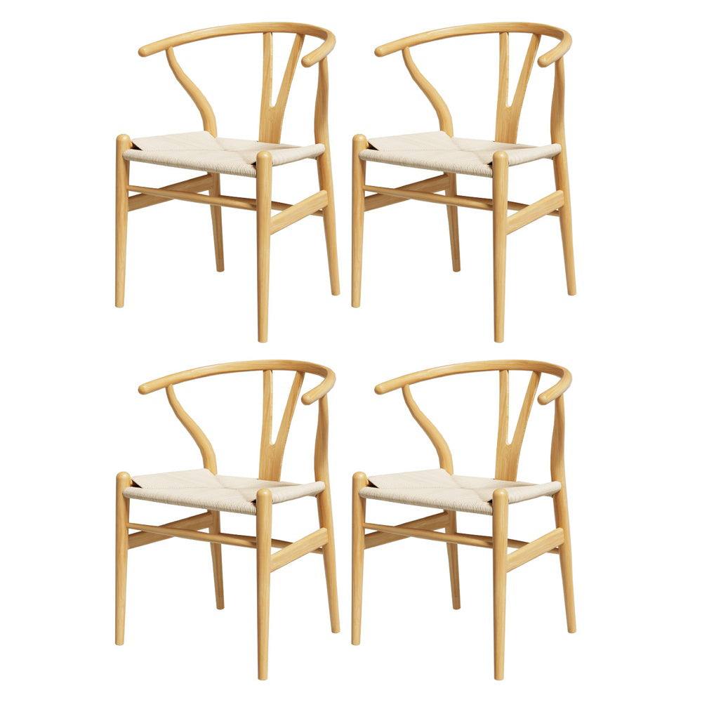Set of 4 Artiss Wishbone Dining Chairs with Wooden Rattan Seats and Rubberwood Frame.