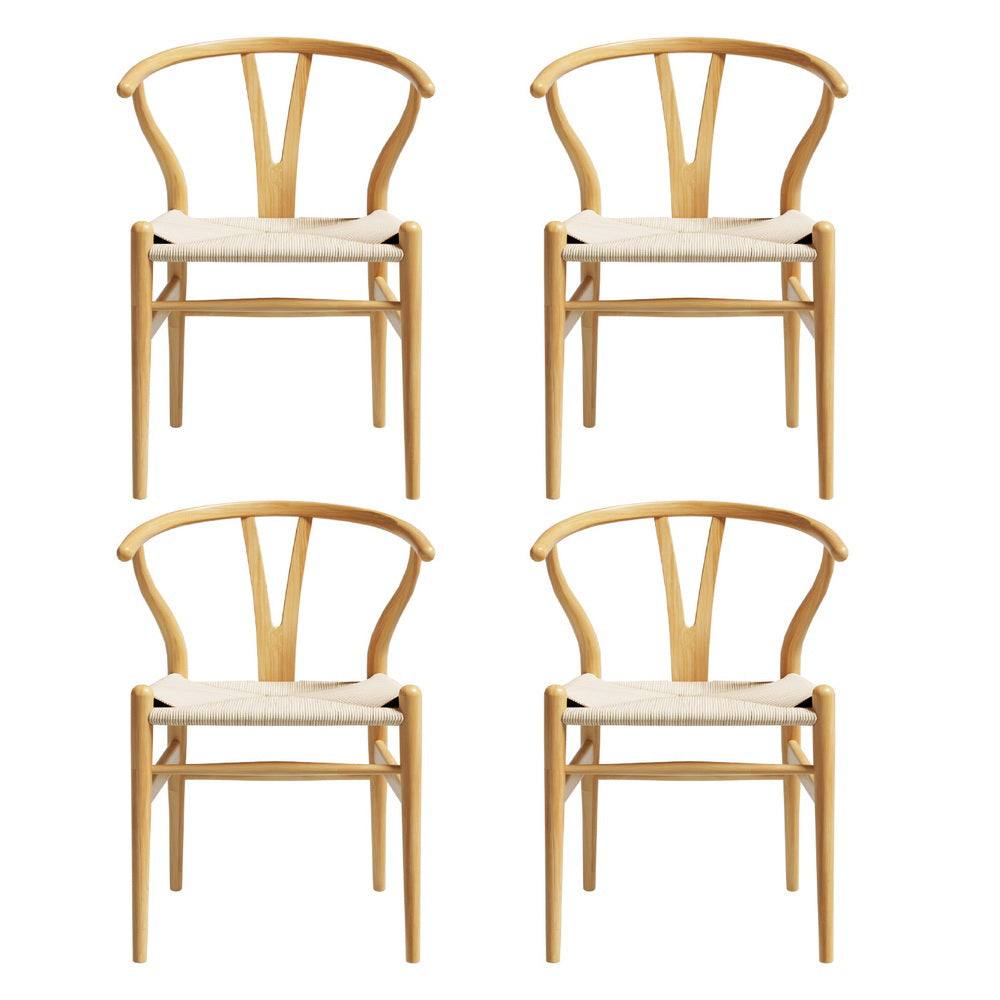 Set of 4 Artiss Wishbone Dining Chairs with wooden frame and rattan seat, featuring ergonomic design and natural color.
