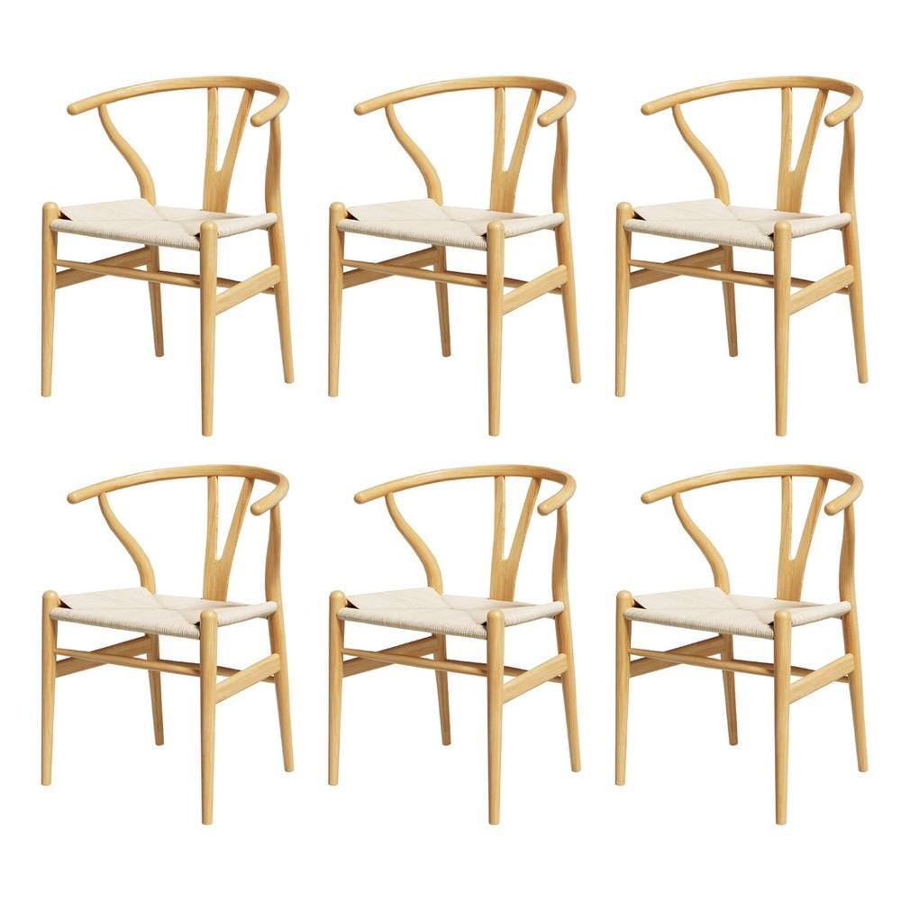 Set of 6 Artiss Wishbone Dining Chairs with wooden rattan seat and curved backrest.