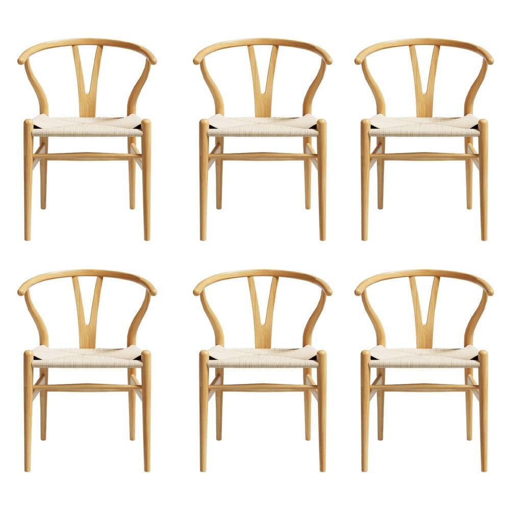Set of 6 Artiss Wishbone Dining Chairs with wooden frame and rattan seat, featuring ergonomic design and classic wishbone backrest.